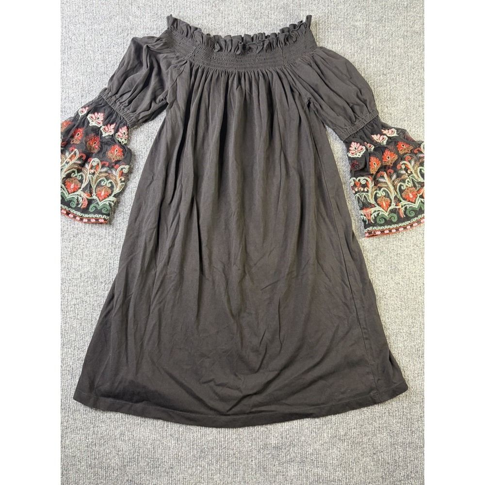 ASOS Black Off Shoulder Boho Dress Embroidered Mesh Sleeve Peasant Mini US 6‎